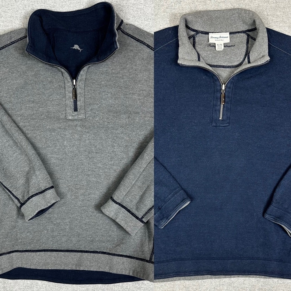 Tommy Bahama Reversible Quarter Zip Pullover Mens XL Blue Grey Marlin